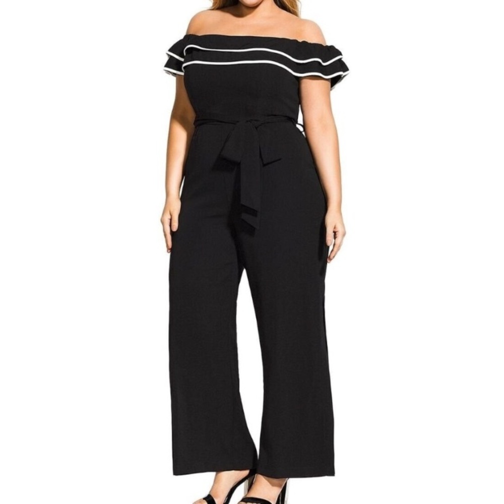 City Chic Off-Shoulder Black Jumpsuit with White Trim and Waist Tie